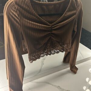 SHEIN Brown Ruched Lace Blouse
